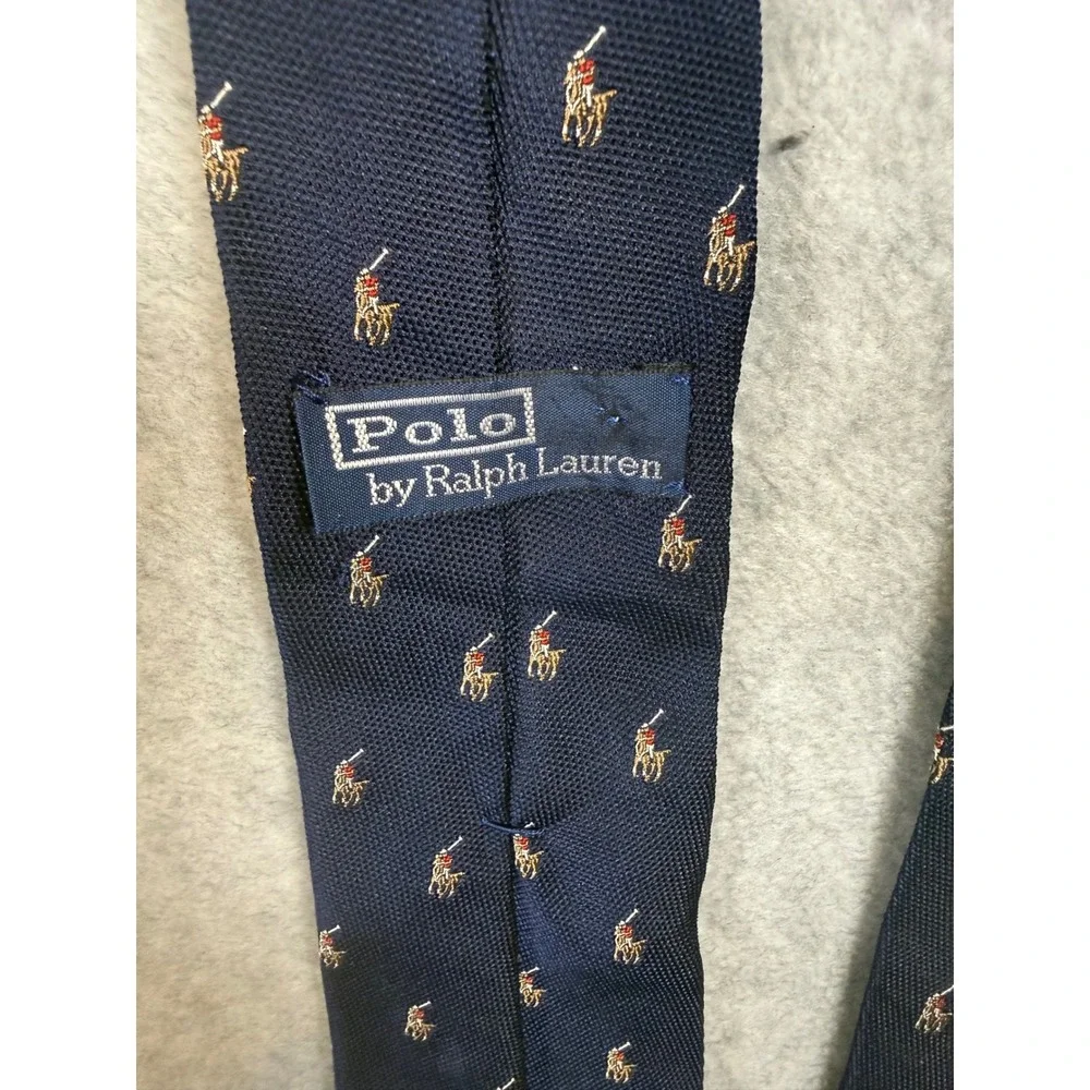 Polo Ralph Lauren Mens Silk Tie Navy Blue Gold Red All Over Pony Logo Necktie
